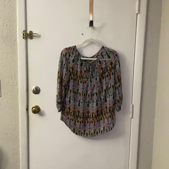 Express Sheer Printed 3/4 Sleeve Blouse with Front Tie S Dopamine Casual - Picture 6 of 12